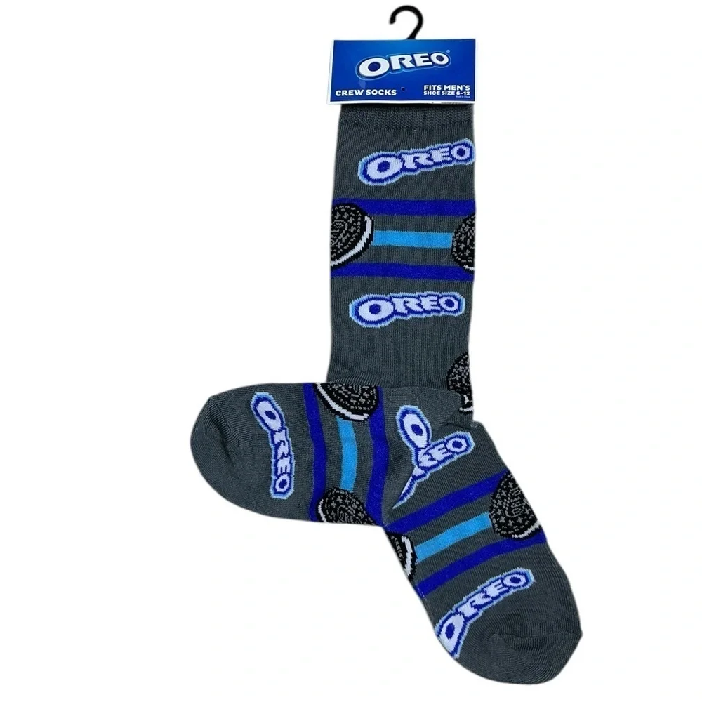 Oreo Novelty Crew Socks Gray Blue Stripe Unisex One Size Women 7-13 Men 6-12 New